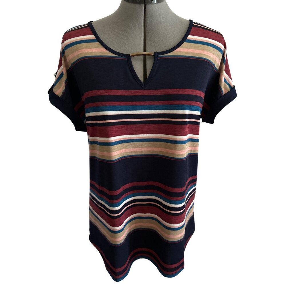 Late August Striped Multicolor Short Sleeve Top With Keyhole Neckline, Size Med